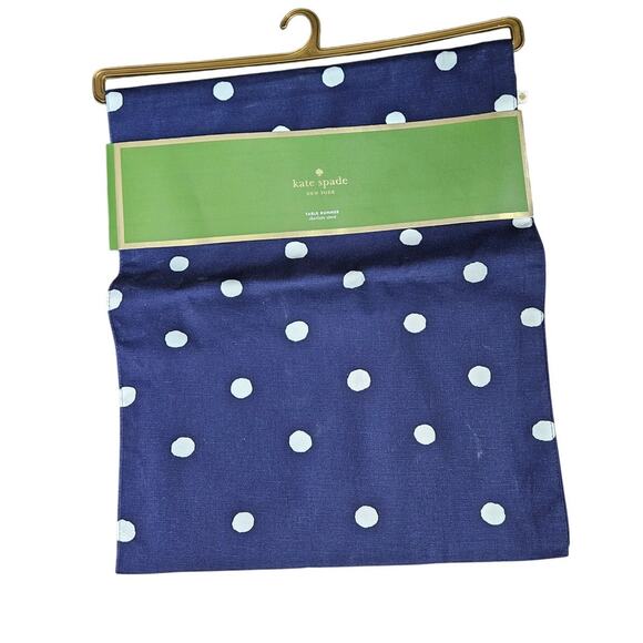 NEW Kate Spade Charlotte Street Cotton Navy Blue White Polka Dot Table Runner - Picture 1 of 6